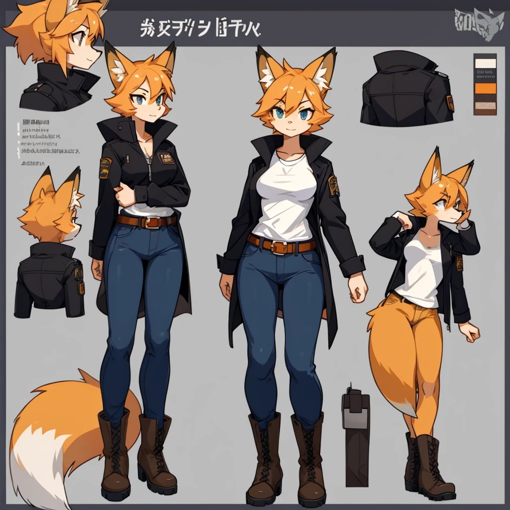 Female fox wearing a black jacket, a white shirt, jeans, boots, and a belt around her waist.
cartoon style, character reference sheet