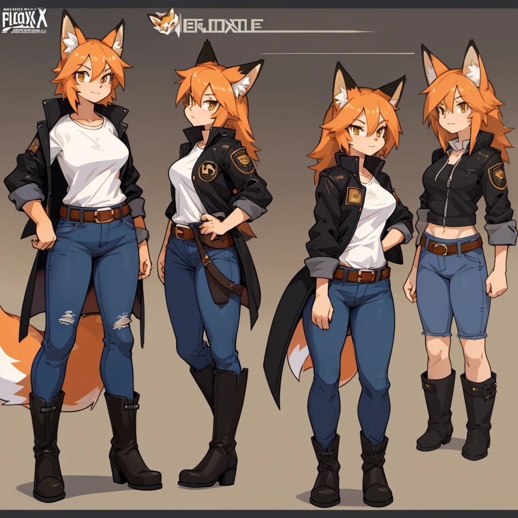 Female fox wearing a black jacket, a white shirt, jeans, boots, and a belt around her waist.

cartoon style, character reference sheet
