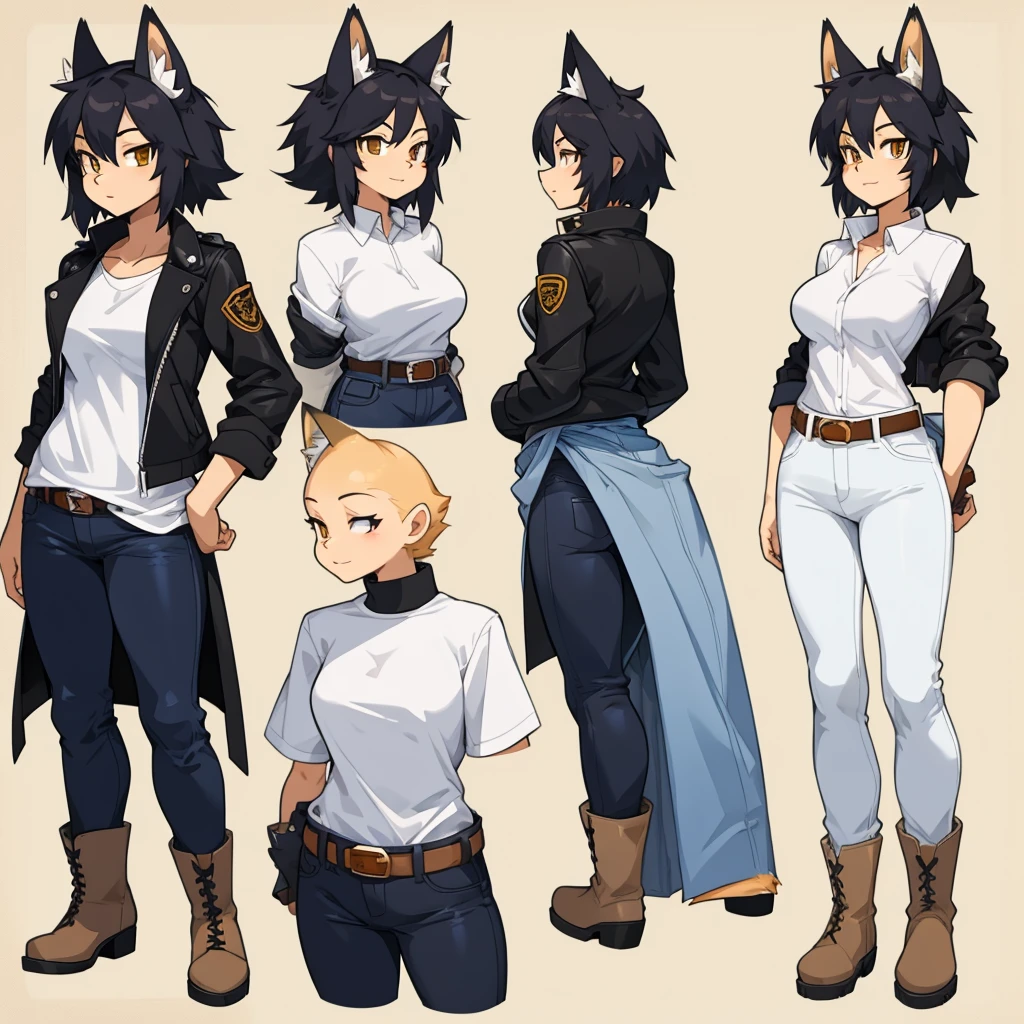 Female fox wearing a black jacket, a white shirt, jeans, boots, and a belt around her waist.
cartoon style, character reference sheet