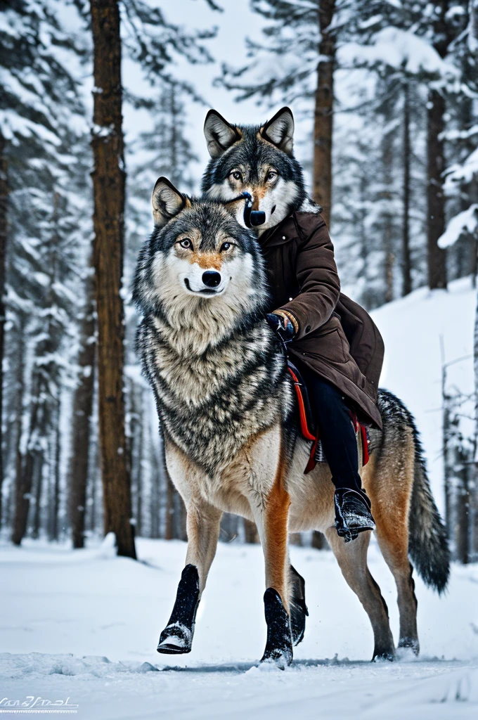 photorealistic, realistic, photography, masterpiece, best quality, ultra-detailed, 1girl, snowfield, riding, wolf, 