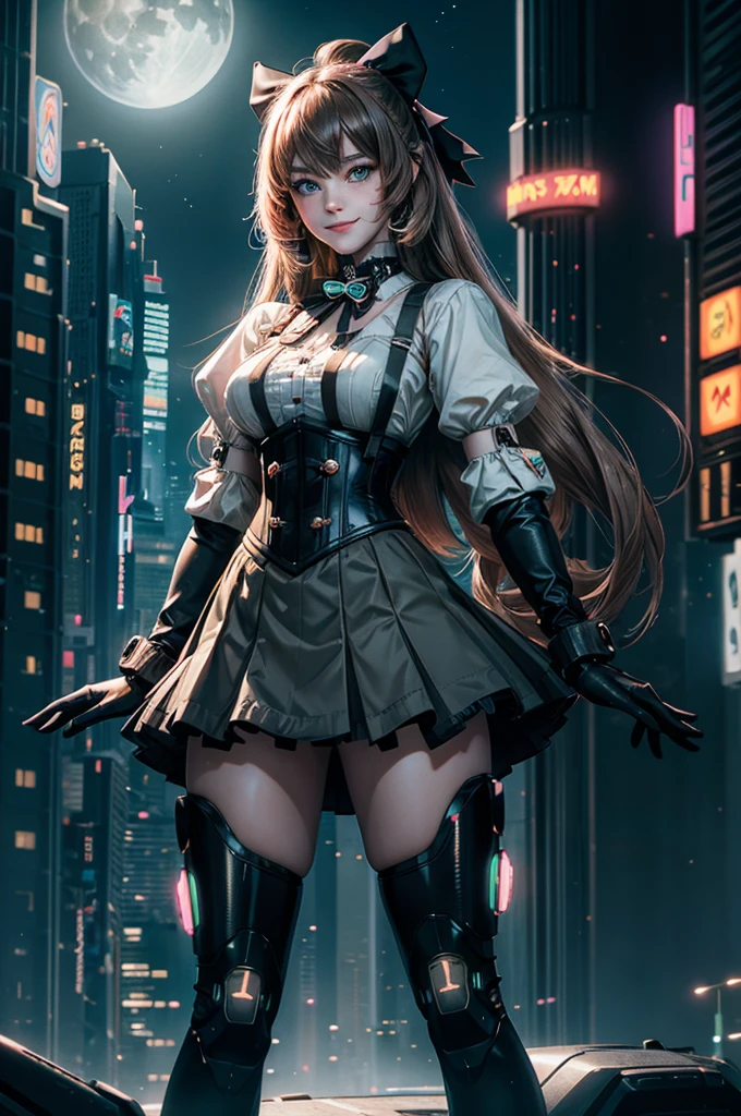 1girl, solo, smile,  underbust, Penny Polendina, long hair, neck ribbon, suspender skirt, corset, black bow, white blouse, mechanical legs, neon trim, standing in cyberpunk city, night, stars moon, mega skyscrapers, futuristic floating vehicles, neon signs, crowd wearing cyberpunk fashion

