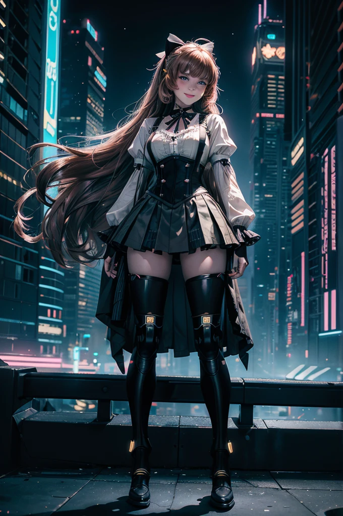 1girl, solo, smile,  underbust, Penny Polendina, long hair, neck ribbon, suspender skirt, corset, black bow, white blouse, mechanical legs, neon trim, standing in cyberpunk city, night, stars moon, mega skyscrapers, futuristic floating vehicles, neon signs, crowd wearing cyberpunk fashion

