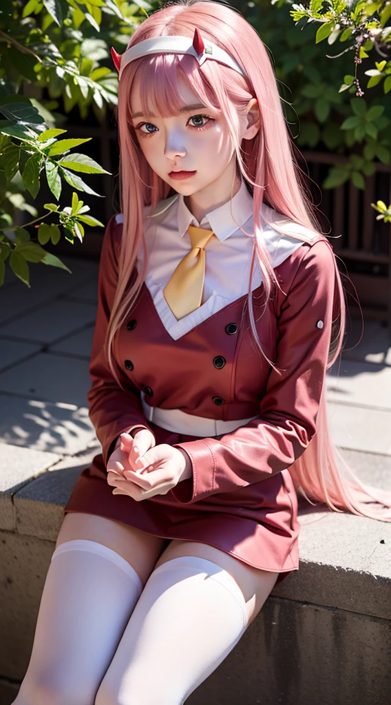 zero two from the anime darling in the franxx, woman, beautiful woman, perfect body, perfect breasts, very beautiful, long hair, pink hair, wearing a red uniform, yellow tie, black pants, white shoes, blue eyes, red spots wearing a headband red-horned, smiling, looking at the audience, standing, realism, masterpiece, textured leather, super detailed, high detail, high quality, best quality, 1080p, 16k