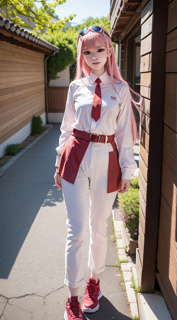 zero two from the anime darling in the franxx, woman, beautiful woman, perfect body, perfect breasts, very beautiful, long hair, pink hair, wearing a red uniform, yellow tie, black pants, white shoes, blue eyes, red spots wearing a headband red-horned, smiling, looking at the audience, standing, realism, masterpiece, textured leather, super detailed, high detail, high quality, best quality, 1080p, 16k