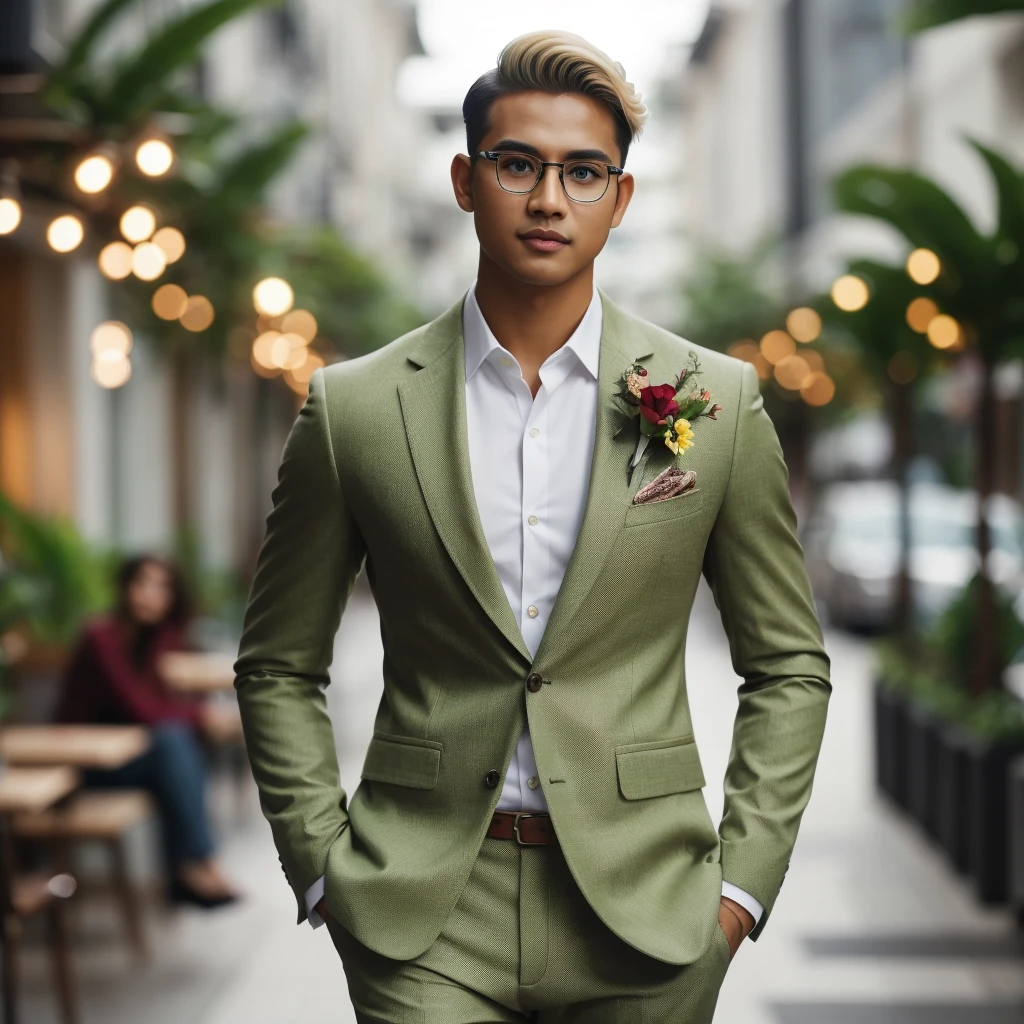 A professional masterpiece featuring one model: a full-body shot of a confident, handsome, charming Malay man with short taper fade blonde hair, natural makeup, a slight smile, wearing trendy eyeglasses and a lime luxury suit with flowers on the pocket, walking to a cafe. The setting is an outdoor street view with plants in pots around, dramatic soft lighting, depth of field effect, ultra realistic, high definition with special effects, making a cinematic scene, resembling a photo taken with a Sony 7000D camera.