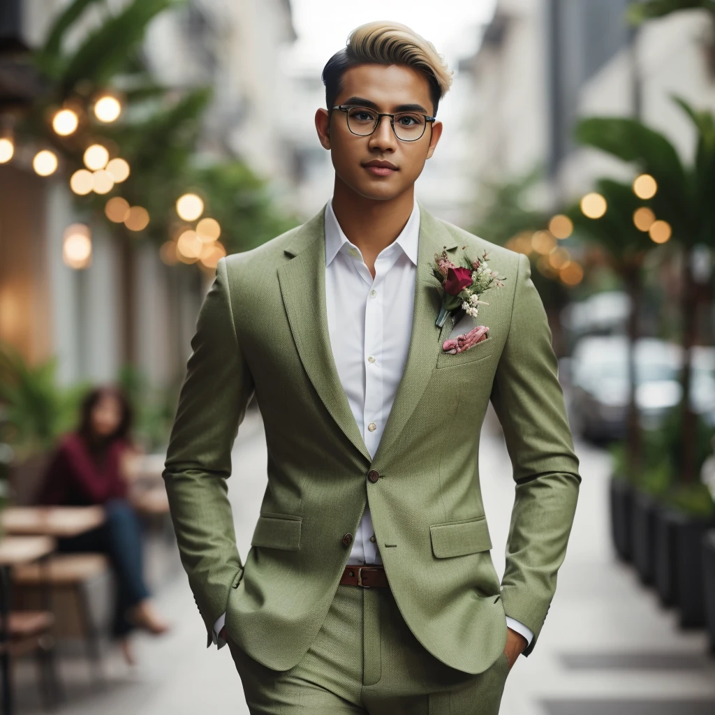 A professional masterpiece featuring one model: a full-body shot of a confident, handsome, charming Malay man with short taper fade blonde hair, natural makeup, a slight smile, wearing trendy eyeglasses and a lime luxury suit with flowers on the pocket, walking to a cafe. The setting is an outdoor street view with plants in pots around, dramatic soft lighting, depth of field effect, ultra realistic, high definition with special effects, making a cinematic scene, resembling a photo taken with a Sony 7000D camera.