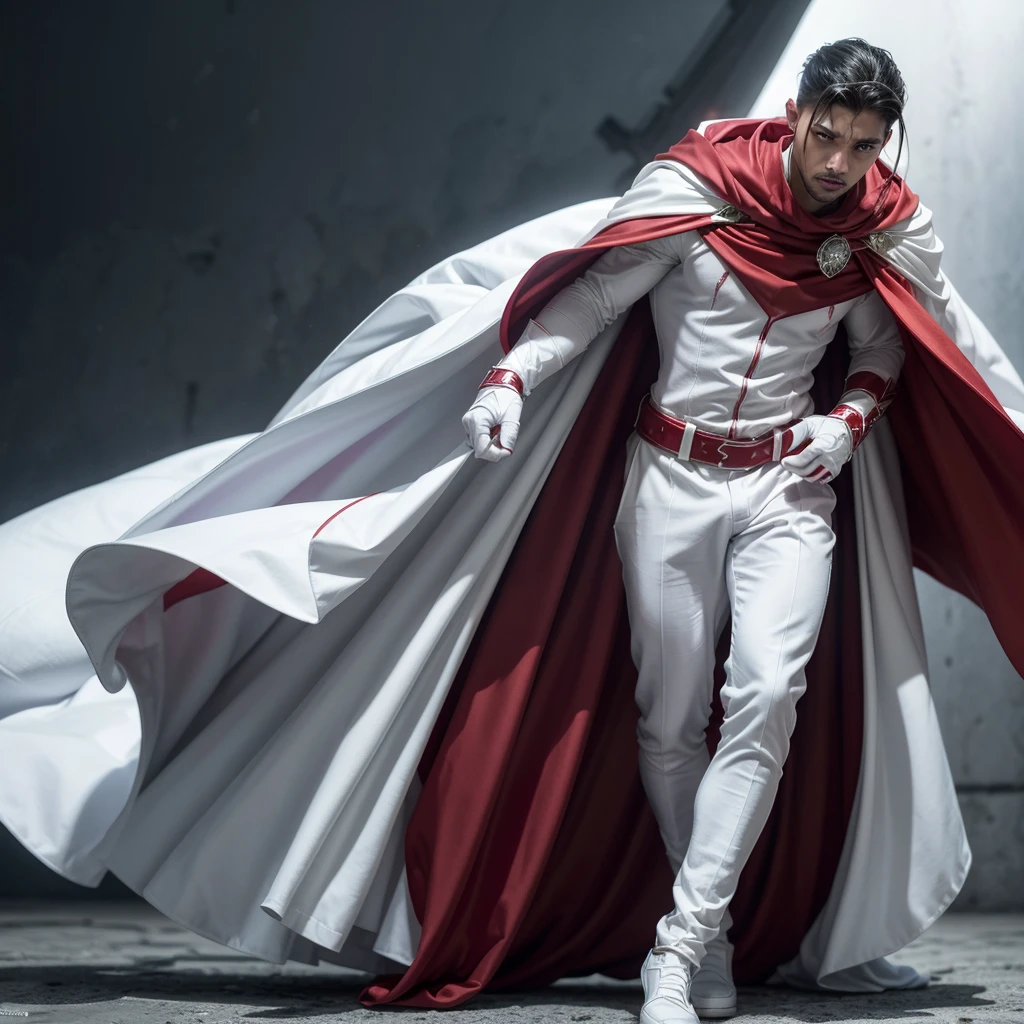 a cartoon of a man in a red and white suit and cape, new fantasy concept design, white and blood color scheme, Puerto Rican superhero, white and red armor, senor. nimbus character design, full body white purple cloak, streamlined white armor, inspired by michael b jordan, boys tv show superhero, full body concept