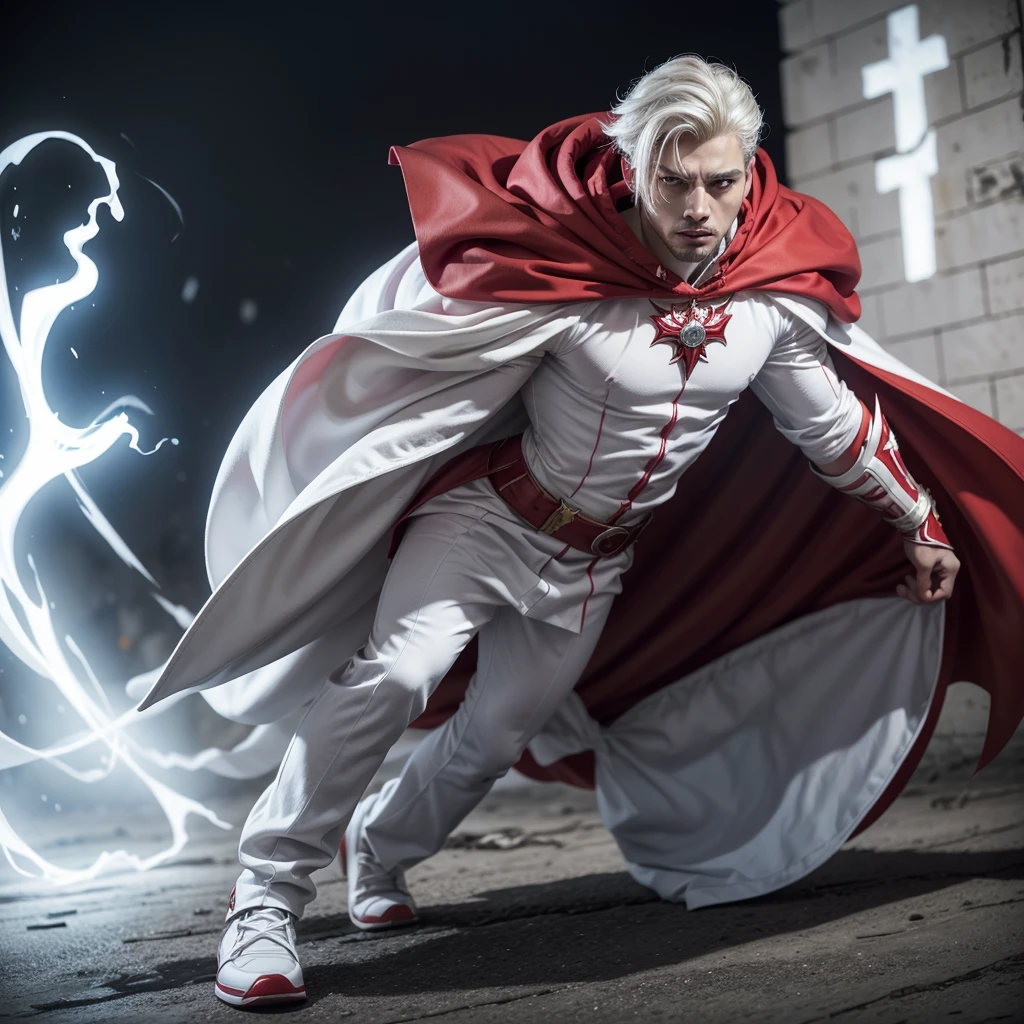 a cartoon of a man in a red and white suit and cape, new fantasy concept design, white and blood color scheme, Puerto Rican superhero, white and red armor, senor. nimbus character design, full body white purple cloak, streamlined white armor, inspired by michael b jordan, boys tv show superhero, full body concept