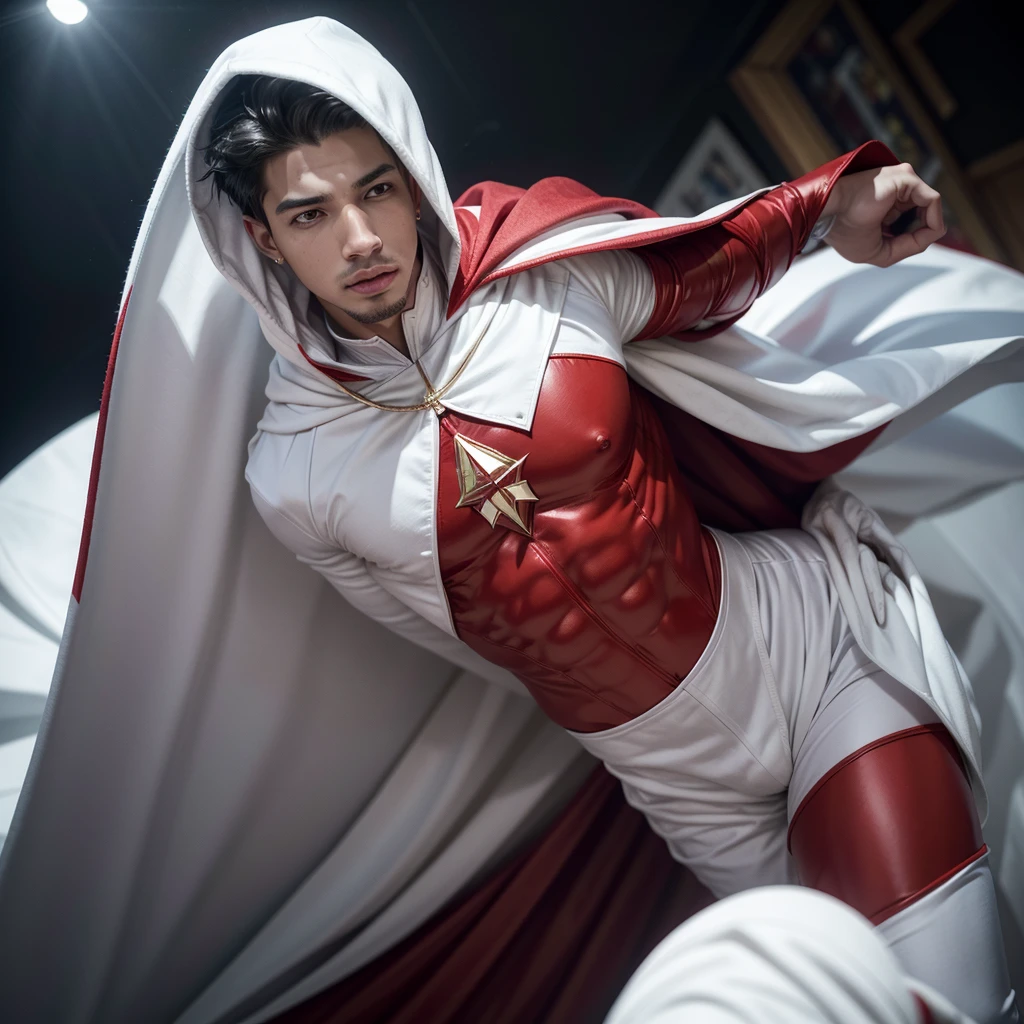 a cartoon of a man in a red and white suit and cape, new fantasy concept design, white and blood color scheme, Puerto Rican superhero, white and red armor, senor. nimbus character design, full body white purple cloak, streamlined white armor, inspired by michael b jordan, boys tv show superhero, full body concept