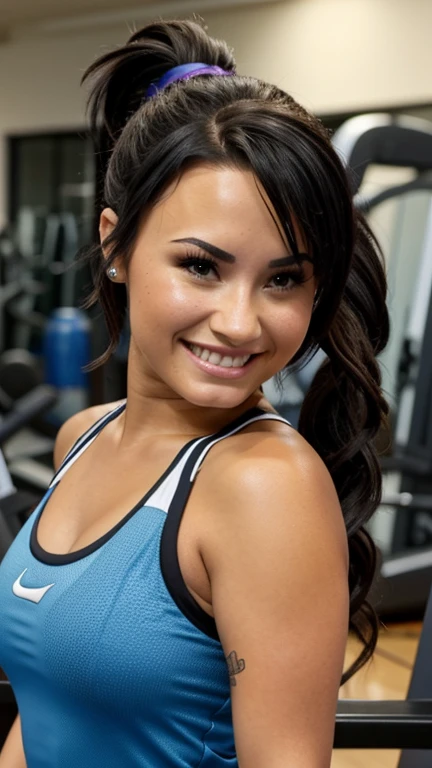 Demi Lovato with wavy ponytail hair dressed in sportswear at the gym and smiling sexy.