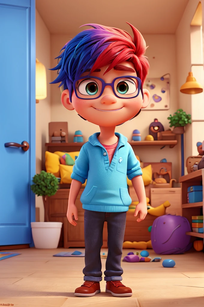 1 cartoon character, 3d pixar style, with colorful hair celebrating