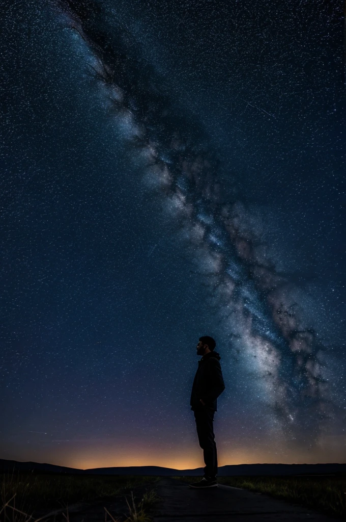 A drawing of a full body person looking at the stars and a night landscape in the background