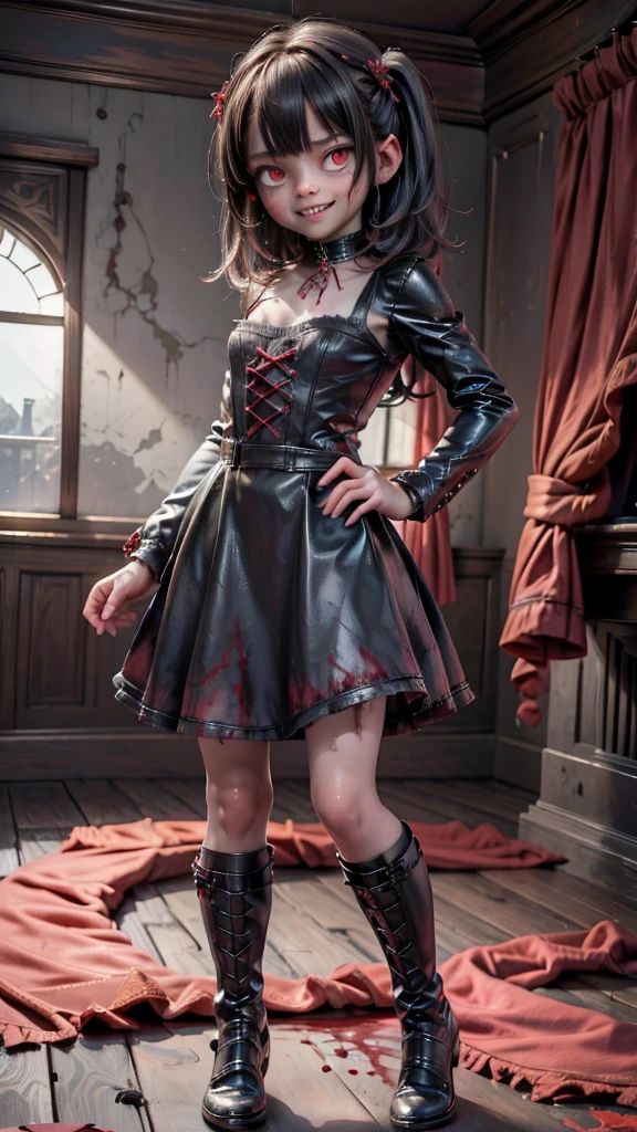 (best quality, highres:1.2), ultra-detailed, realistic, portrait, girl, staring at camera, malevolent grin, exposed teeth, wide smile, bloody butcher knife, background, family, family dead, bloody scene, dark atmosphere, horrifying, dreadful, creepy, vivid colors, sharp focus, detailed eyes, expression, murderous intent, dangerous, emotion, psychological horror, nightmare, macabre, terrifying, horror movie, horror theme, horror film, low-key lighting, bloody hands, bloodstains, evil, menacing, horror story, artistic, Ultra-Wide Angle, wide shot, 4k, You can see the entire room