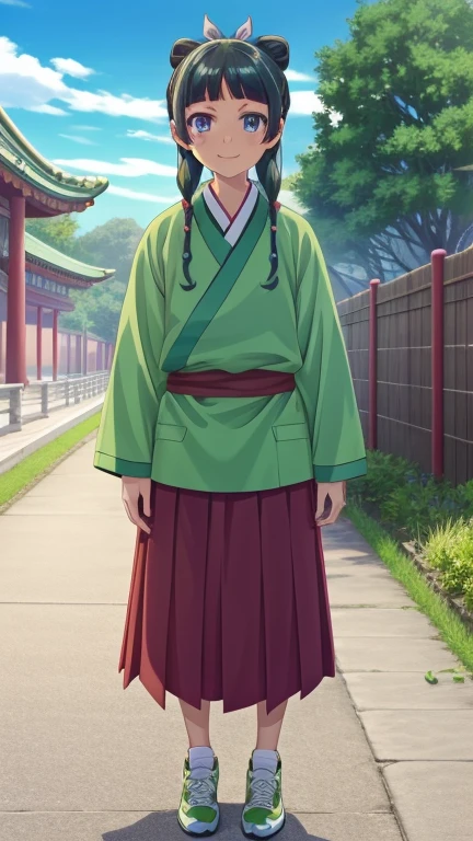 1girl, maomao, blunt bangs,green hair,long hair,blue eyes,solo, own hands at sides, smile,sidelocks,twin braids,hair over shoulder,hair beads,half updo,single hair bun,hair ribbon,blue ribbon,freckles,hanfu,green Style Kimono  Long Sleeve Shirts,purple pleated  skirt, short skirt,,,expressive eyes, official art, outdoors, nature, trees, chinese temple, sky,, full body, frontal shot, sport shoes,