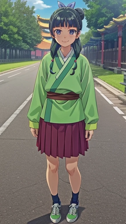 1girl, maomao, blunt bangs,green hair,long hair,blue eyes,solo, own hands at sides, smile,sidelocks,twin braids,hair over shoulder,hair beads,half updo,single hair bun,hair ribbon,blue ribbon,freckles,hanfu,green Style Kimono Long Sleeve Shirts,purple pleated skirt, short skirt,,,expressive eyes, official art, outdoors, nature, trees, chinese temple, sky,, full body, frontal shot, sport shoes,
