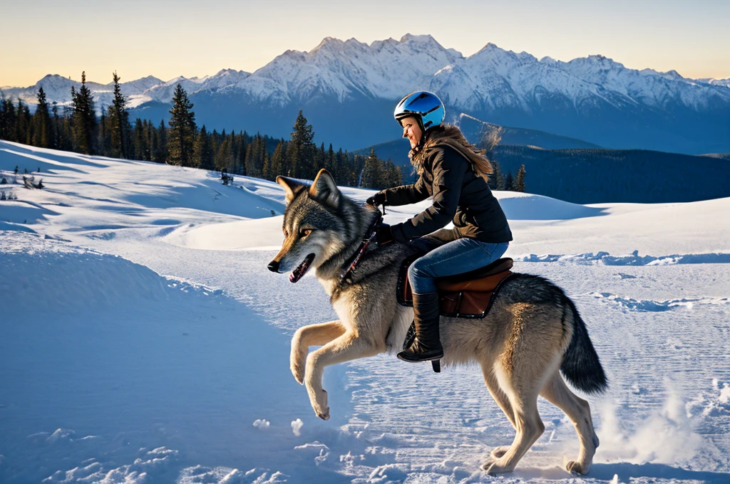 photorealistic, realistic, photography, masterpiece, best quality, ultra-detailed, 1girl, snowfield, riding, wolf, 