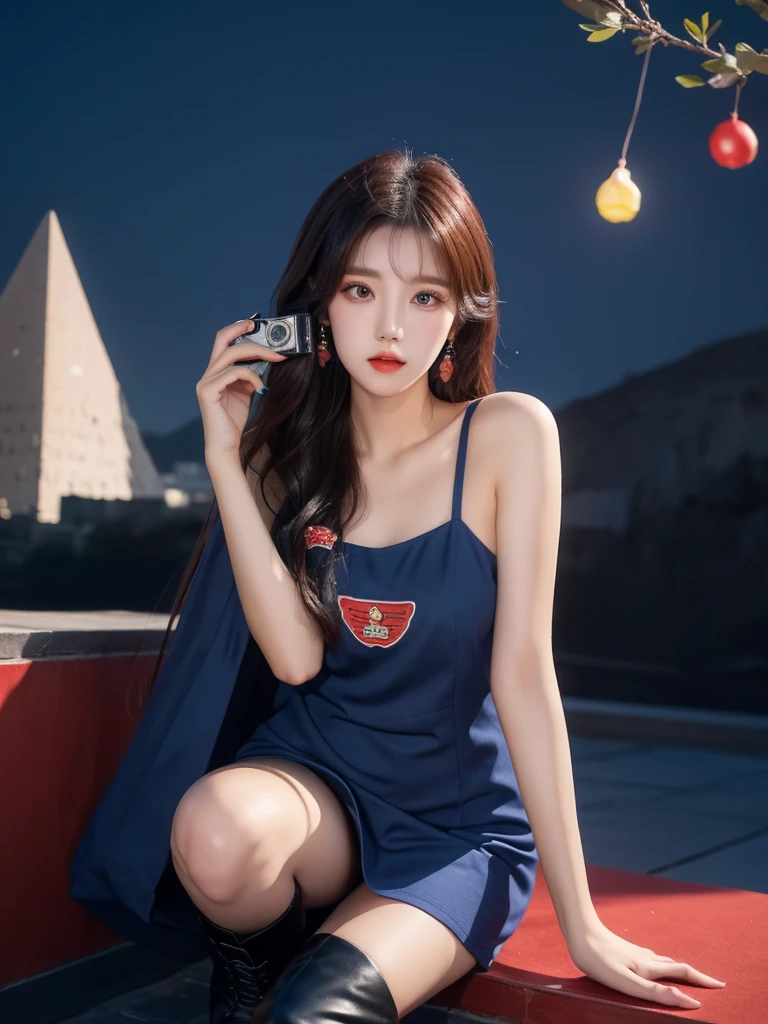 Beautiful woman wearing a dark blue and red Wearing uniform korea style clothes mini dress with decorations on the shirt and visible shoulders and wearing boots and being photographed with a background And was in the pyramid ,Korean style swag, beautiful face so gorgeous, Beautiful eyes, y2k style,