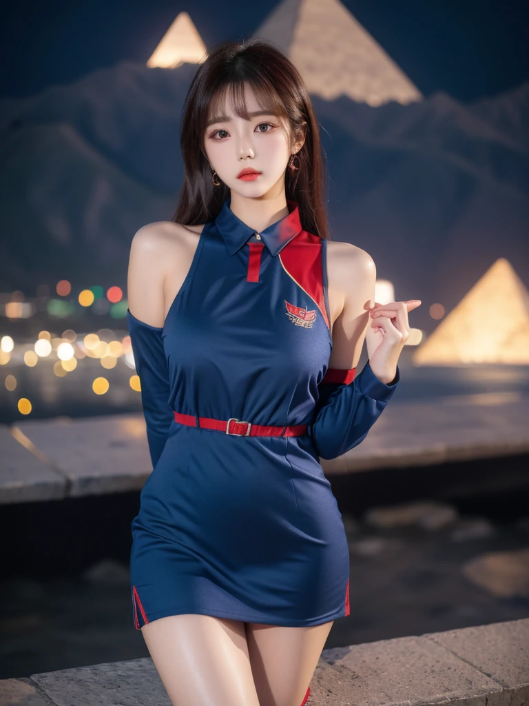 Beautiful woman wearing a dark blue and red Wearing uniform korea style clothes mini dress with decorations on the shirt and visible shoulders and wearing boots and being photographed with a background And was in the pyramid ,Korean style swag, beautiful face so gorgeous, Beautiful eyes, y2k style,