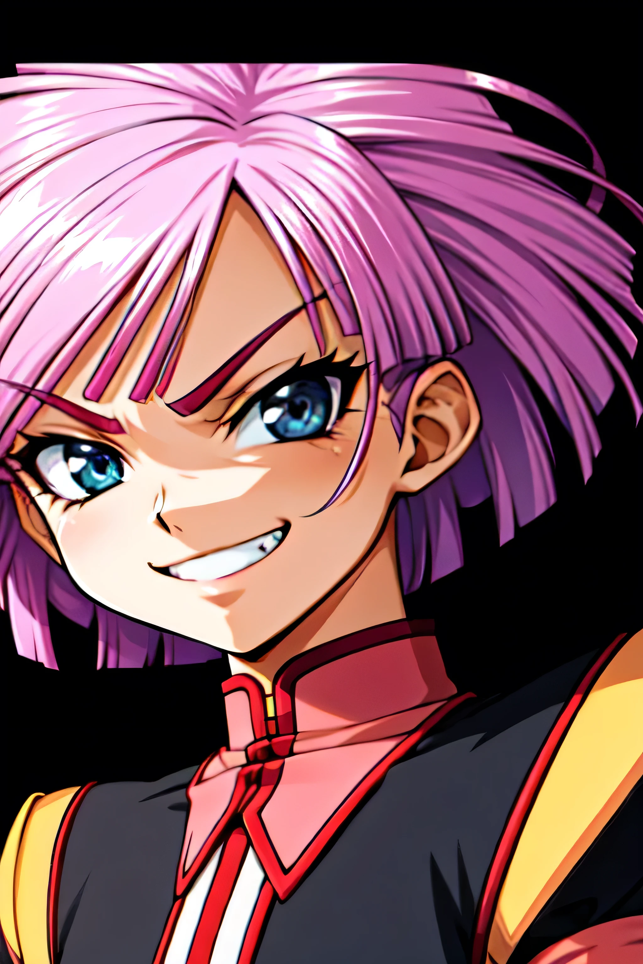 (best_quality 4K, 8K, High resolution, Masterpiece: 1.2), ultra detailed),from_below,(anime_screencap),(1girl,solo),dynamic_angle,too evil_smile,too evil laugh at,tis,deep shaded_face,too sadistic,smile worst,,bob short  hair,,,looking at viewer,upper body,black background,too worst smile,too bad smile,too evil smirk,