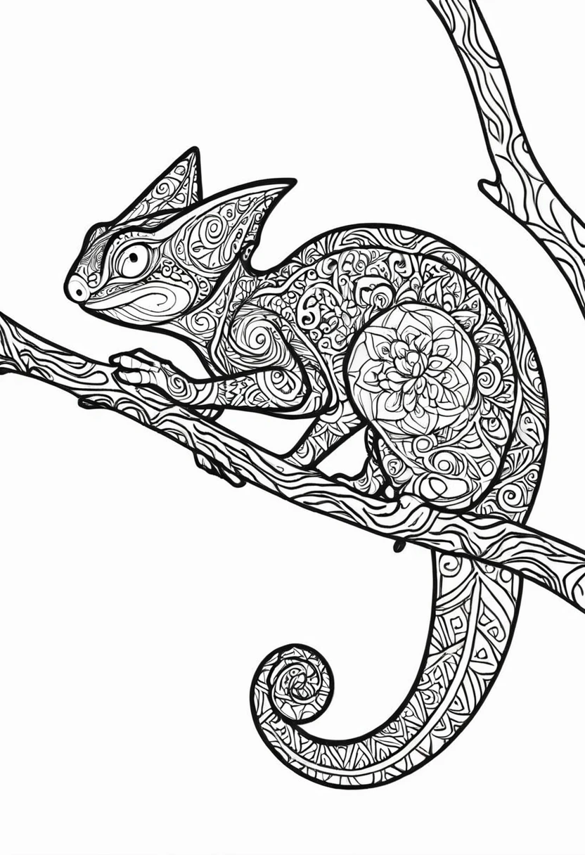 chameleon on a branch, with patterns to color, animal mandala, white background