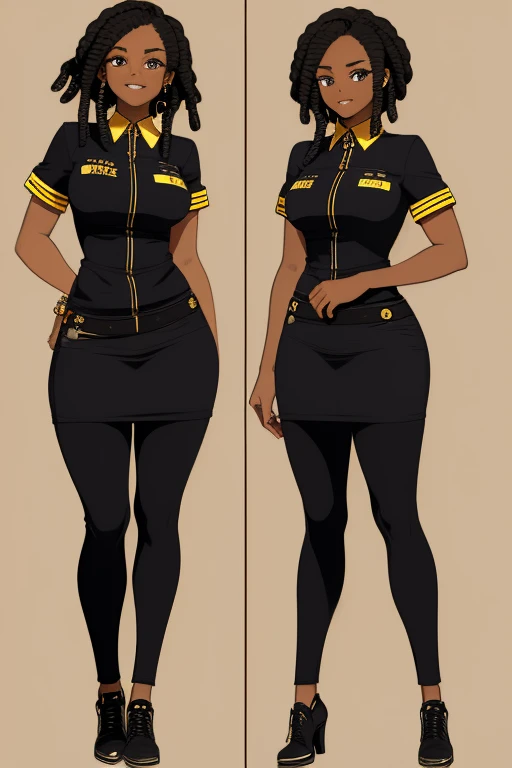 Sketch of how to draw a black woman
golden jewelry over FedEx uniform, short hair dreads , feminine curves,