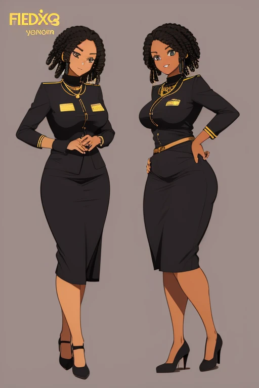 Sketch of how to draw a black woman
golden jewelry over FedEx uniform, short hair dreads , feminine curves,