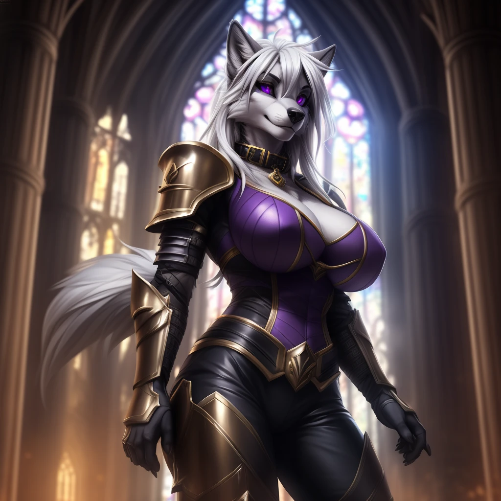 uploaded on e621, (by Wildering, by Koul, by fluff-kevlar, by aycee), solo, female wolf, wolf ears, neck tuft, hip tuft, leg tuft, wolf tail, ((black sclera, purple eyes)), ((paladin plate armour)), ((painted portrait)), (masterpiece), (best quality), (anthro furry:1.3, snout:1.2, anthro:1.3, furry:1.2, solo female:1.2), (hourglass figure), (wide hips), (thick thighs), ((huge breasts)), (suggestive pose), (((black stripes on body, grey fur))) BREAK ((white hair)), (cathedral interior background, depth of field, ambient light on the body), (intricate:0.7), (high detail:1.3), (unreal engine:1.3), (sharp focus:1.15), (masterpiece, best quality, 4k, 2k, shaded, absurd res), ((leather collar))