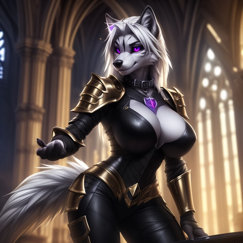 uploaded on e621, (by Wildering, by Koul, by fluff-kevlar, by aycee), solo, female wolf, wolf ears, neck tuft, hip tuft, leg tuft, wolf tail, ((black sclera, purple eyes)), ((paladin plate armour)), ((painted portrait)), (masterpiece), (best quality), (anthro furry:1.3, snout:1.2, anthro:1.3, furry:1.2, solo female:1.2), (hourglass figure), (wide hips), (thick thighs), ((huge breasts)), (suggestive pose), (((black stripes on body, grey fur))) BREAK ((white hair)), (cathedral interior background, depth of field, ambient light on the body), (intricate:0.7), (high detail:1.3), (unreal engine:1.3), (sharp focus:1.15), (masterpiece, best quality, 4k, 2k, shaded, absurd res), ((leather collar))