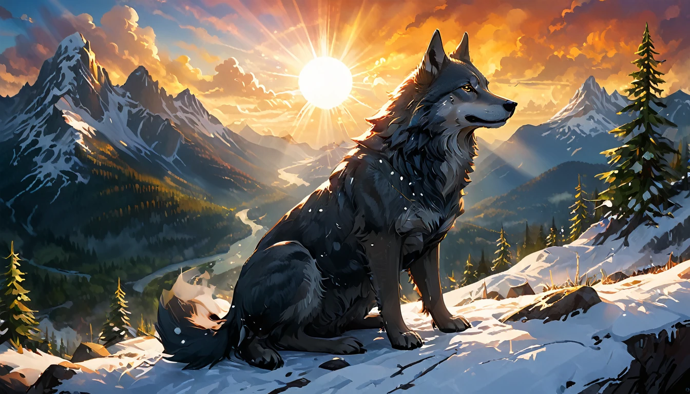 a National Geographic nature shot of a wolf sitting on a snowy mountain, watching the sun rises, the transition between night and day, the snow forest mountain range, a silver (dire wolf: 1.3), sitting on top of a (snowy mountain: 1.4), he sees the forest in the mountains, there pine trees, elm trees, maple trees, the forest has ,many shades of green trees, snow, a river flows between the mountains, the forest is reflected in rays of sunset in river, the skies in many shades of, red, blue, yellow, and orange, divine rays, some clouds, sun rays, (highest quality:1.2, Very detailed, up to date, Vibrant, Ultra-high resolution, High Contrast, masterpiece:1.2, highest quality, Best aesthetics), best details, best quality, highres, ultra wide angle, 16k, [ultra detailed], masterpiece, best quality, (extremely detailed: 1.5), aetherpunkai, Cinematic Hollywood Film style, ladyshadow