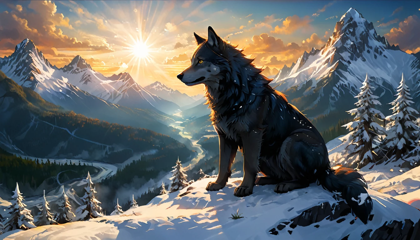 a National Geographic nature shot of a wolf sitting on a snowy mountain, watching the sun rises, the transition between night and day, the snow forest mountain range, a silver (dire wolf: 1.3), sitting on top of a (snowy mountain: 1.4), he sees the forest in the mountains, there pine trees, elm trees, maple trees, the forest has ,many shades of green trees, snow, a river flows between the mountains, the forest is reflected in rays of sunset in river, the skies in many shades of, red, blue, yellow, and orange, divine rays, some clouds, sun rays, (highest quality:1.2, Very detailed, up to date, Vibrant, Ultra-high resolution, High Contrast, masterpiece:1.2, highest quality, Best aesthetics), best details, best quality, highres, ultra wide angle, 16k, [ultra detailed], masterpiece, best quality, (extremely detailed: 1.5), aetherpunkai, Cinematic Hollywood Film style, ladyshadow