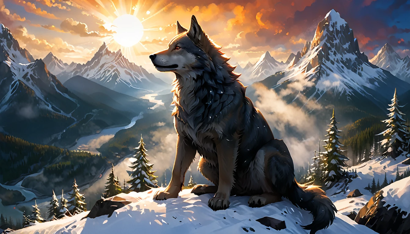 a National Geographic nature shot of a wolf sitting on a snowy mountain, watching the sun rises, the transition between night and day, the snow forest mountain range, a silver (dire wolf: 1.3), sitting on top of a (snowy mountain: 1.4), he sees the forest in the mountains, there pine trees, elm trees, maple trees, the forest has ,many shades of green trees, snow, a river flows between the mountains, the forest is reflected in rays of sunset in river, the skies in many shades of, red, blue, yellow, and orange, divine rays, some clouds, sun rays, (highest quality:1.2, Very detailed, up to date, Vibrant, Ultra-high resolution, High Contrast, masterpiece:1.2, highest quality, Best aesthetics), best details, best quality, highres, ultra wide angle, 16k, [ultra detailed], masterpiece, best quality, (extremely detailed: 1.5), aetherpunkai, Cinematic Hollywood Film style, ladyshadow