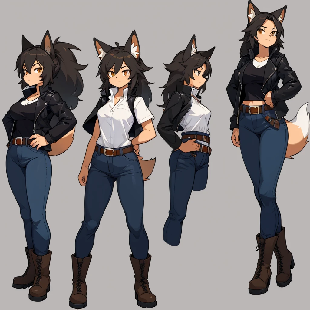Female fox wearing a black jacket, a white shirt, jeans, boots, and a belt around her waist.
cartoon style, character reference sheet