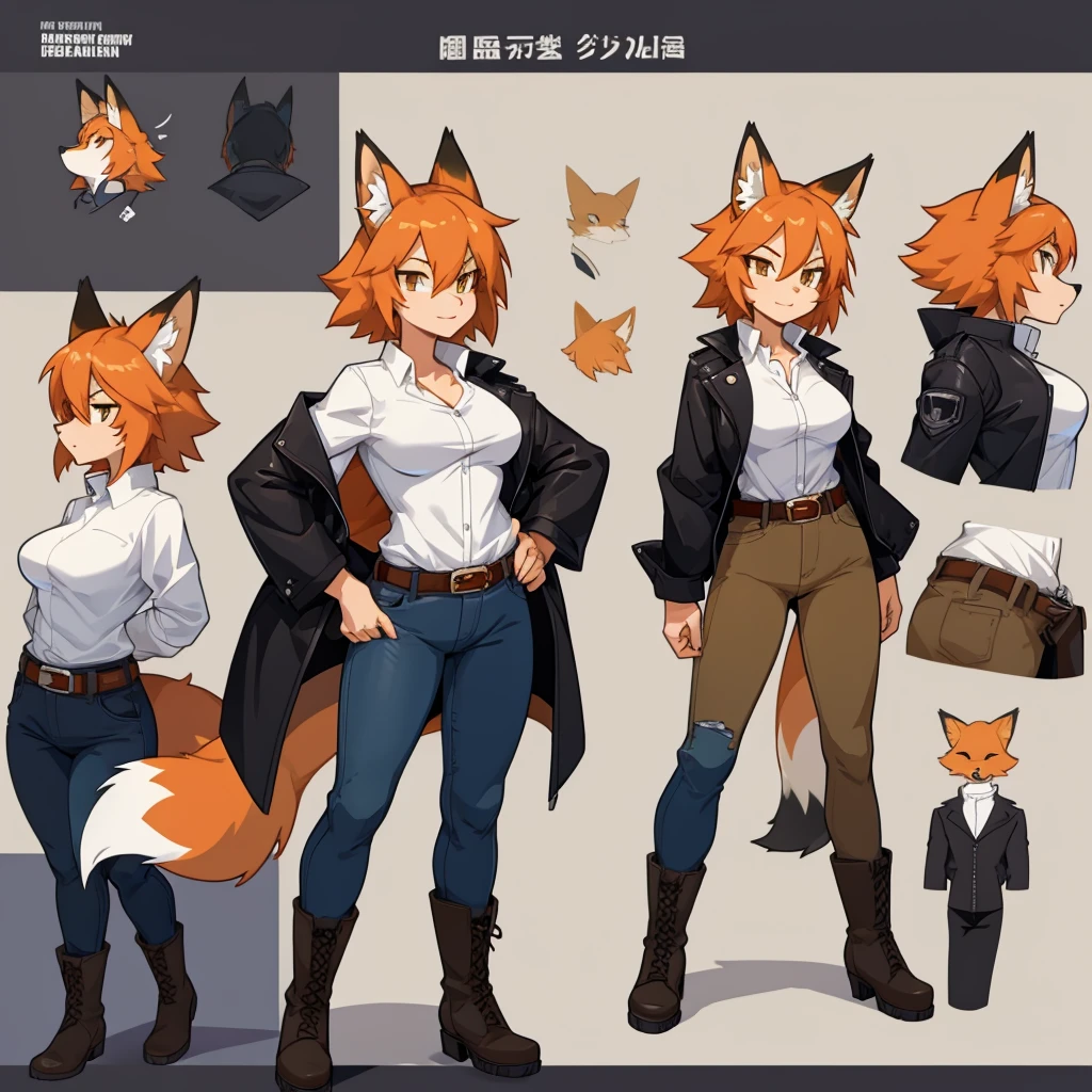 Female fox wearing a black jacket, a white shirt, jeans, boots, and a belt around her waist.

cartoon style, character reference sheet