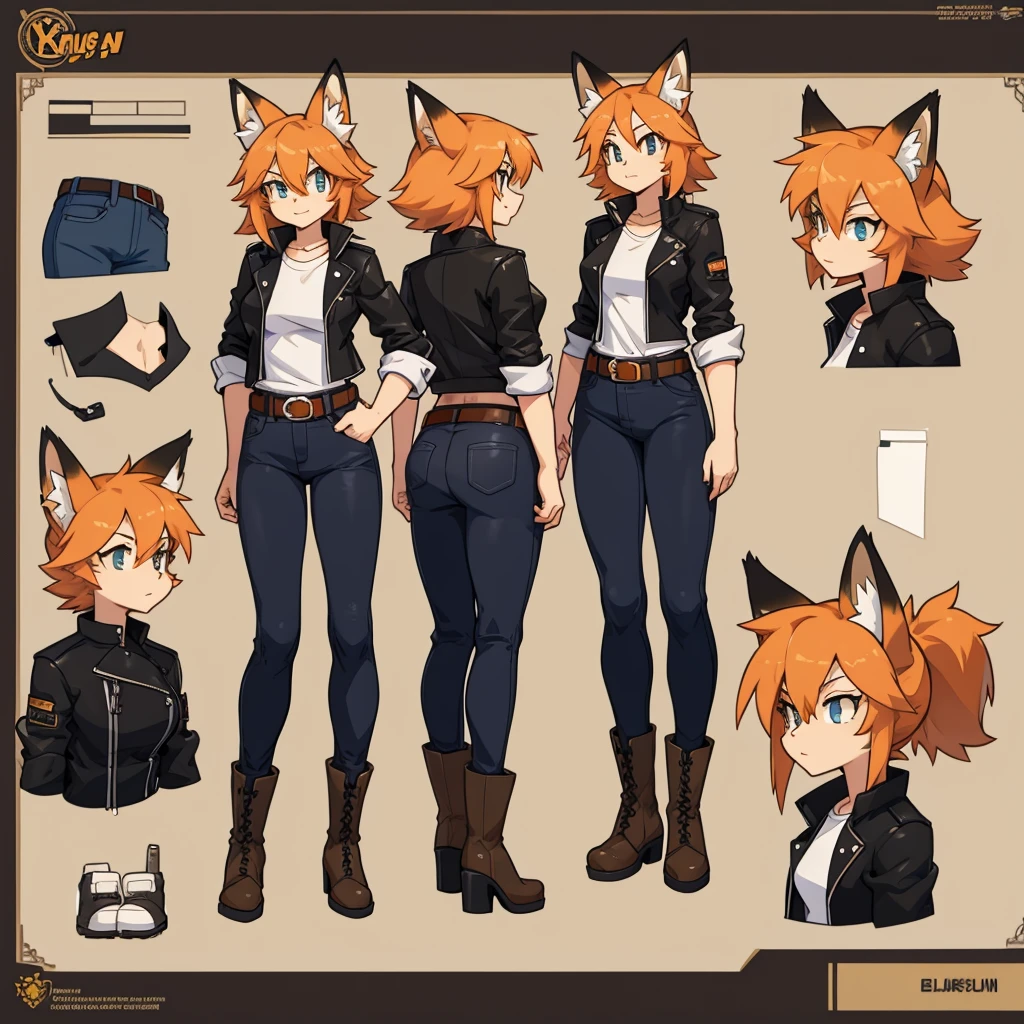 Female fox wearing a black jacket, a white shirt, jeans, boots, and a belt around her waist.

cartoon style, character reference sheet