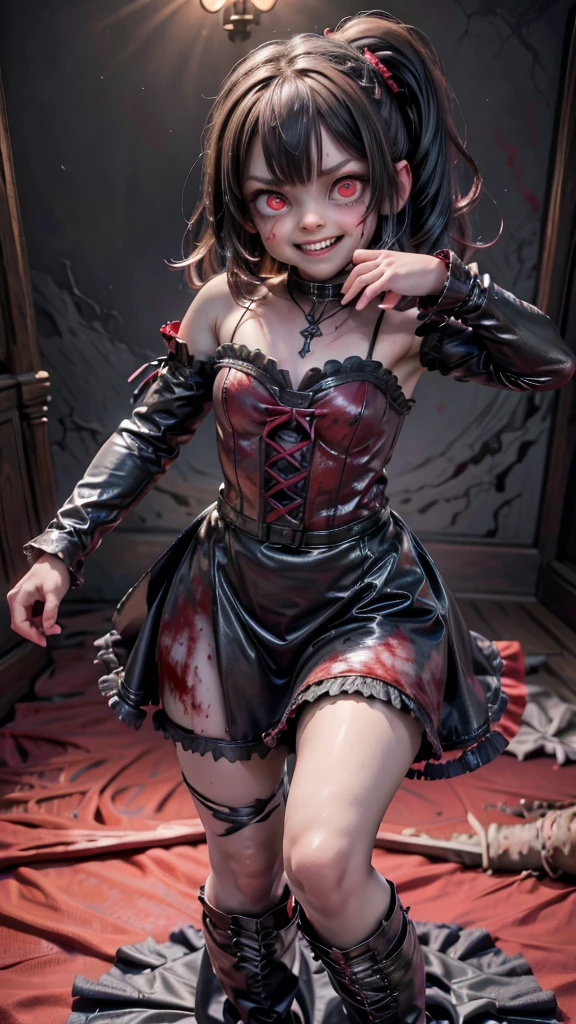 (best quality, highres:1.2), ultra-detailed, realistic, portrait, girl, staring at camera, malevolent grin, exposed teeth, wide smile, bloody butcher knife, background, family, family dead, bloody scene, dark atmosphere, horrifying, dreadful, creepy, vivid colors, sharp focus, detailed eyes, expression, murderous intent, dangerous, emotion, psychological horror, nightmare, macabre, terrifying, horror movie, horror theme, horror film, low-key lighting, bloody hands, bloodstains, evil, menacing, horror story, artistic, Ultra-Wide Angle, wide shot, 4k, You can see the entire room