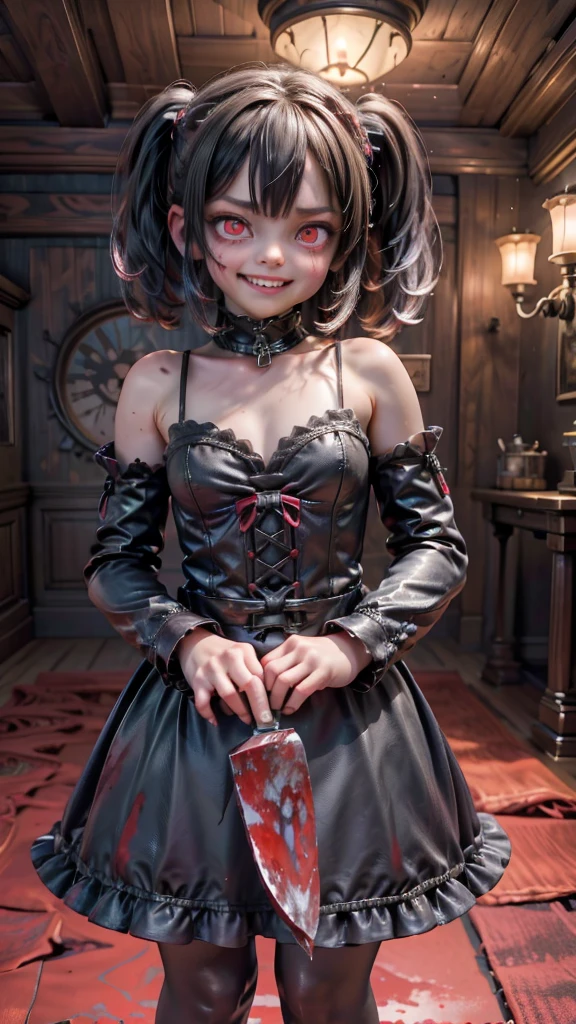 (best quality, highres:1.2), ultra-detailed, realistic, portrait, girl, staring at camera, malevolent grin, exposed teeth, wide smile, bloody butcher knife, background, family, family dead, bloody scene, dark atmosphere, horrifying, dreadful, creepy, vivid colors, sharp focus, detailed eyes, expression, murderous intent, dangerous, emotion, psychological horror, nightmare, macabre, terrifying, horror movie, horror theme, horror film, low-key lighting, bloody hands, bloodstains, evil, menacing, horror story, artistic, Ultra-Wide Angle, wide shot, 4k, You can see the entire room