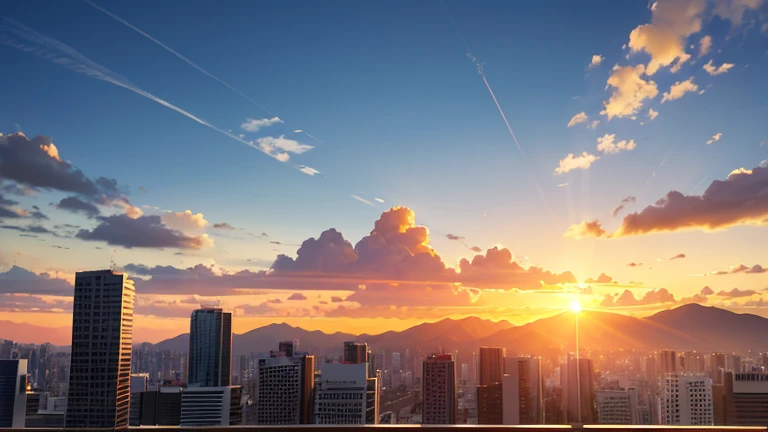 (Sunrise Time), (Color gradient), Illuminated, Caracas, Panoramic View, Golden Hour, Soft Light, Long Shadows, Mountain々, Building silhouette, Natural shades, Transparency, skyscraper, Residential area, Light and shadow contrast, Modern city, Tranquility, Morning freshness, Tourist attractions, beautiful, Calm skies