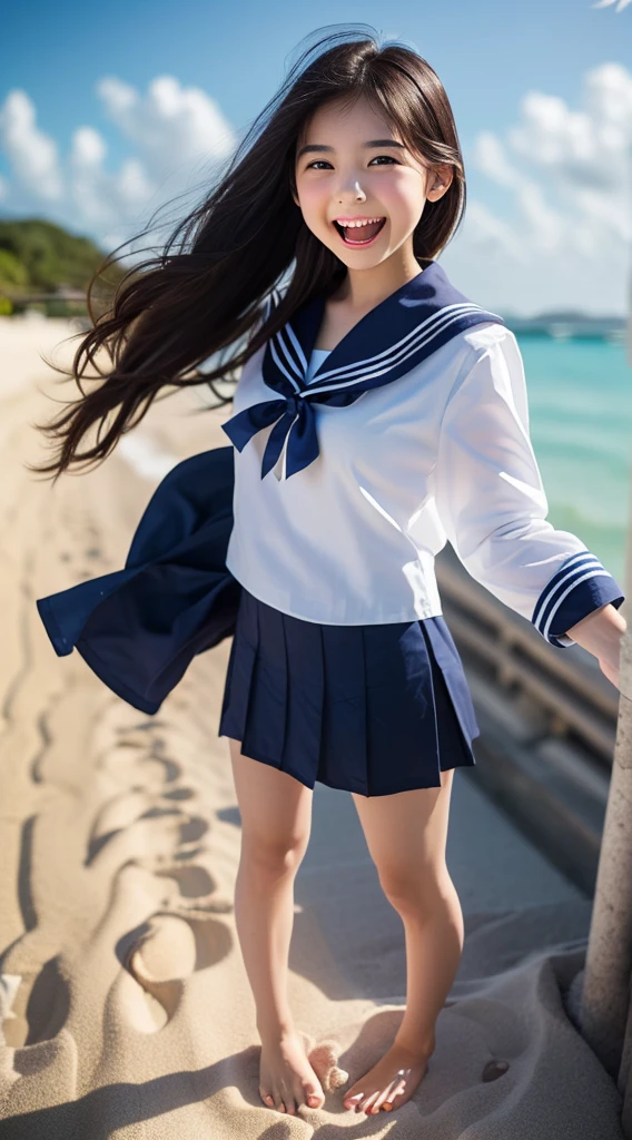 (((very loud laugh))),1girl,(((Frontal bust shot angle))),Wide open chest、(((Okinawa ocean)))、(((White sand beaches in Okinawa)))、8K UHD、Digital single-lens reflex camera、High resolution、Shallow depth of field、Natural light、(((Sailor suit)))、(((navy blue super mini skirt)))、(((Full body photography)) )、Small person、(((Young face)))、1 Japanese female、14 years old;beautiful girl、(Black Hair)、A strong wind blows up my skirt、(((Brown eyes)))、Glowing Skin、Smooth Thinning Hair、Long Hair、Detailed background、Detailed eyes and face、Clear Eyes、Cute smile、Calm atmosphere、(((stage)))、(((Small breasts)))、(((Beautiful Eyes)))、Flat chest、Children、(((Toned thighs))) 、(((Angle from below) ))、(((Fine lips)))、(((Skirt fluttering)))、Shining beautiful legs、( Skirt fluttering violently in the strong wind :1.4), (hair blowing in the strong wind:1.4), (leaning forward)、(((barefoot、barefoot)))