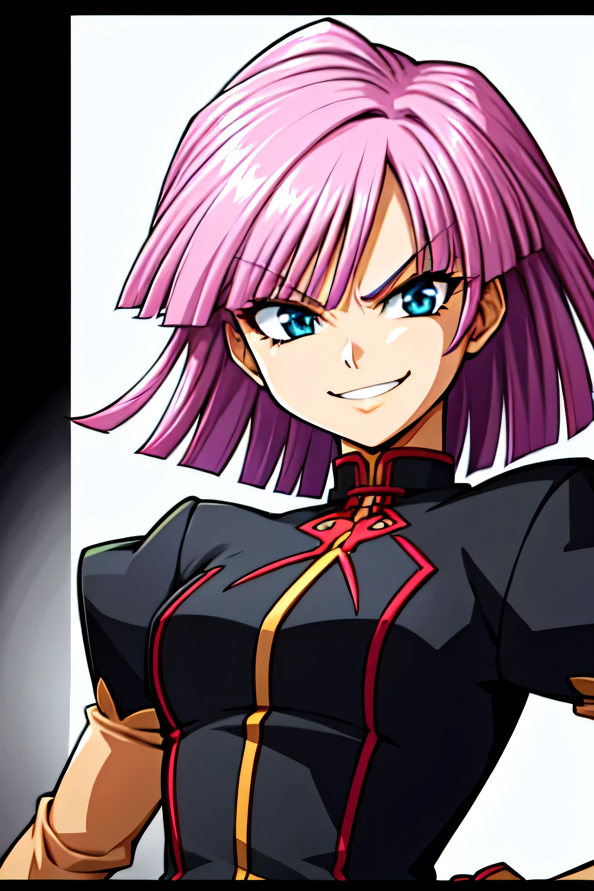 (best_quality 4K, 8K, High resolution, Masterpiece: 1.2), ultra detailed),from_below,(anime_screencap),(1girl,solo),dynamic_angle,too evil_smile,too evil laugh at,tis,deep shaded_face,too sadistic,smile worst,,bob short  hair,,,looking at viewer,upper body,black background,too worst smile,too bad smile,too evil smirk,