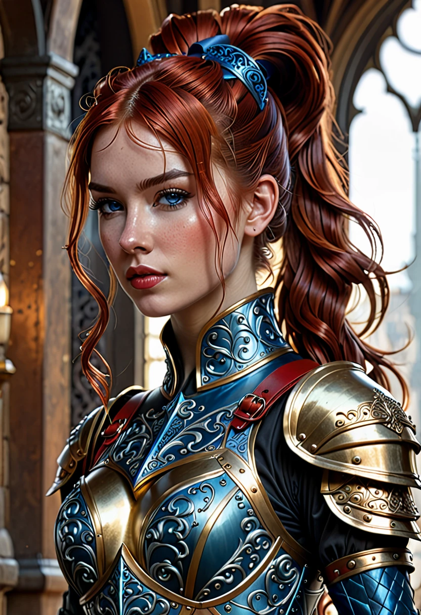 (8K, CRU photo, best qualityer, work of art:1.2), (realisitic, photo-realisitic:1.4), (extremely detailed CG unity 8K wallpaper), a whole body (on its own:1.1) woman wearing gold (leather armour:1.3), sewn worn armor, (incredibily detailed:1.5), gold and (offwhite:1.5), Conceital Art Portrait of Greg Rutkowski, artegerm, Trending Hyper-Detailed, Intricately Detailed Gothic Art on Artstation, Fantastic, intricate-detail, (small blue highlights:1), (redheadwear, wavy hair, high ponytail: 1.4)