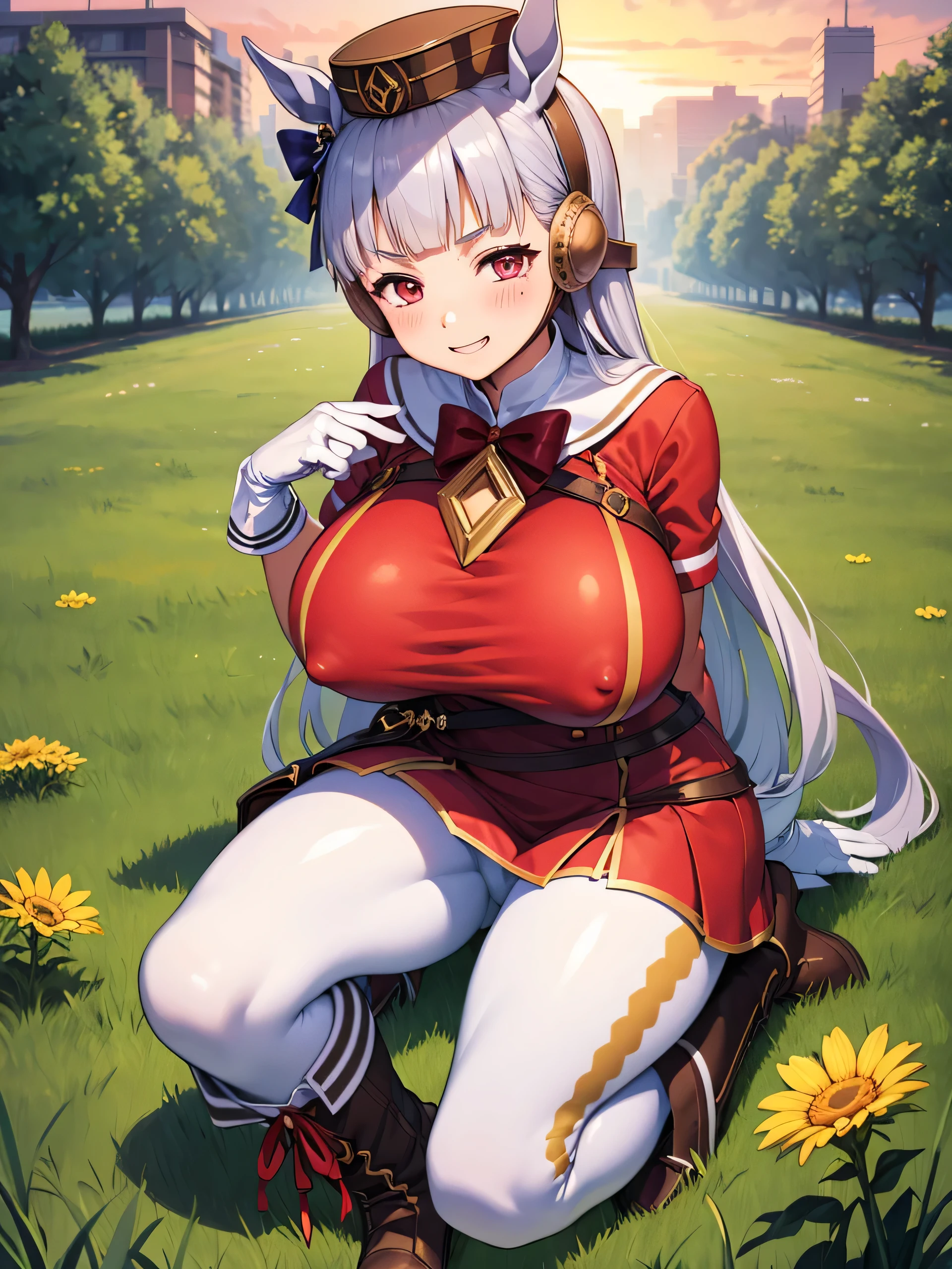 (masterpiece, Highest quality:1.2), alone, One girl, umpd gold ship, pillbox hat,Red dress,No sleeve, White Pantyhose, White gloves、boots, Horse tail,、grassland、Nature、blush、LOL、Wow smile、summer、Sunset、(Huge breasts:1.2)、Nipples are visible、Clothes are see-through、Naughty pose、Sit with your legs apart、Leg spread、Pantyhose bite、See-through pussy、、Kindergarteners、、、、の小さな体
