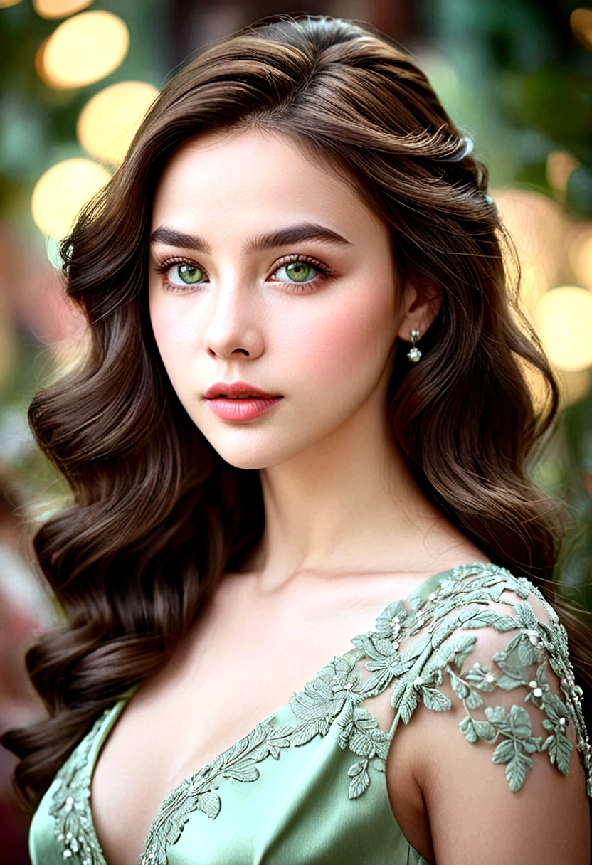 1 girl, beautiful detailed eyes, beautiful detailed lips, very detailed face and portrait, pastel green dress, no hat, soft hair down to shoulders_dark brown, slim body_good sized breasts, pale skin, elegant portrait, stock photo, 8k, high quality, realistic, photorealistic, detailed, masterpiece, sharp focus, professional, vivid colors, bokeh