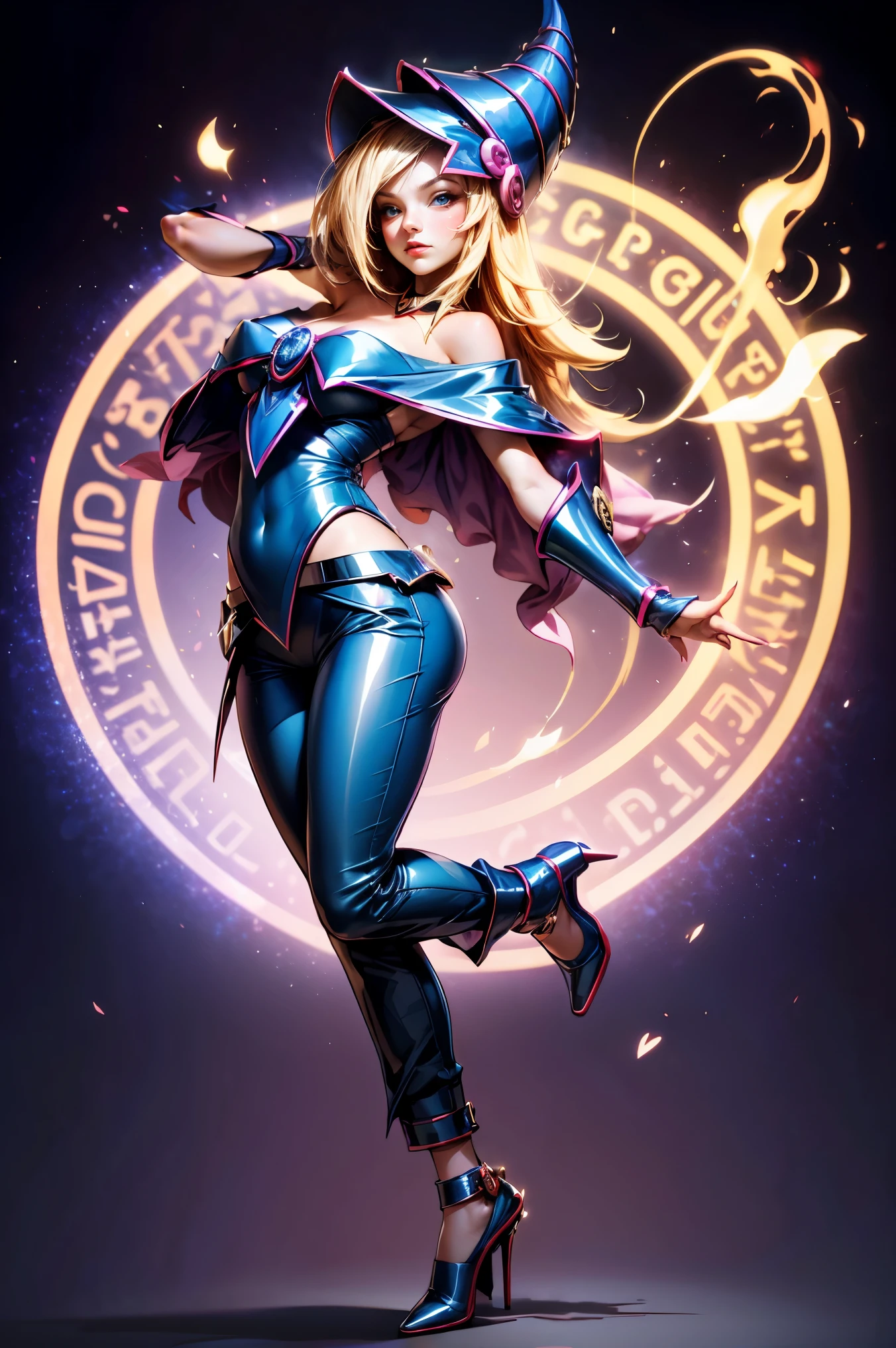 dark magician gils, with high-heels. pants,  sexy, Subjective and sensual pose. magic background. Magical heart in the air. magic circle 