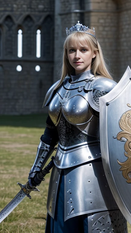 looking at viewer, English female, princess,  20 age-old,  blond hair , chignon , fringe,  beautiful  blue eye, little smile, (middle cup breasts, slender whist, middle hip ),tiara , a scene of a medieval knight standing proudly in full armor. The knight is clad in a suit of shining metal armor, including arm armor, leg armor, The intricate details of the armor, such as the chainmail, plate armor, and decorative motifs, should be prominently featured,  Brown laser arming clothes, (The knight stands tall with a shield in one hand and a sword in the other:1.5), exuding a sense of bravery and valor. The background should evoke a medieval setting, with a castle or battlefield in the distance, enhancing the knight's noble and heroic presence