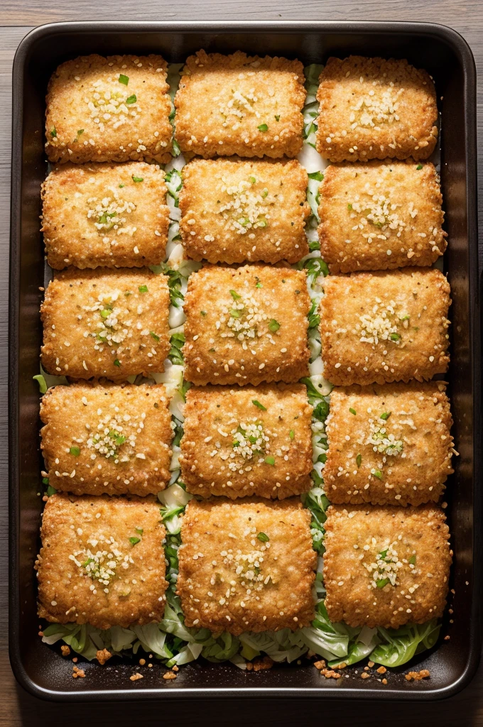 Create an image where there is a square of cabbage sliced very thinly, a square piece breaded in panko breadcrumbs with a dark brown sauce on top