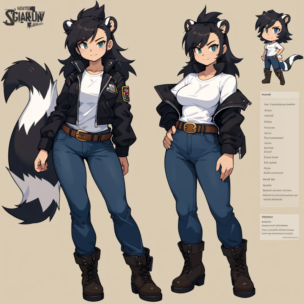 Female skunk wearing a black jacket, a white shirt, jeans, boots, and a belt around her waist.
cartoon style, character reference sheet