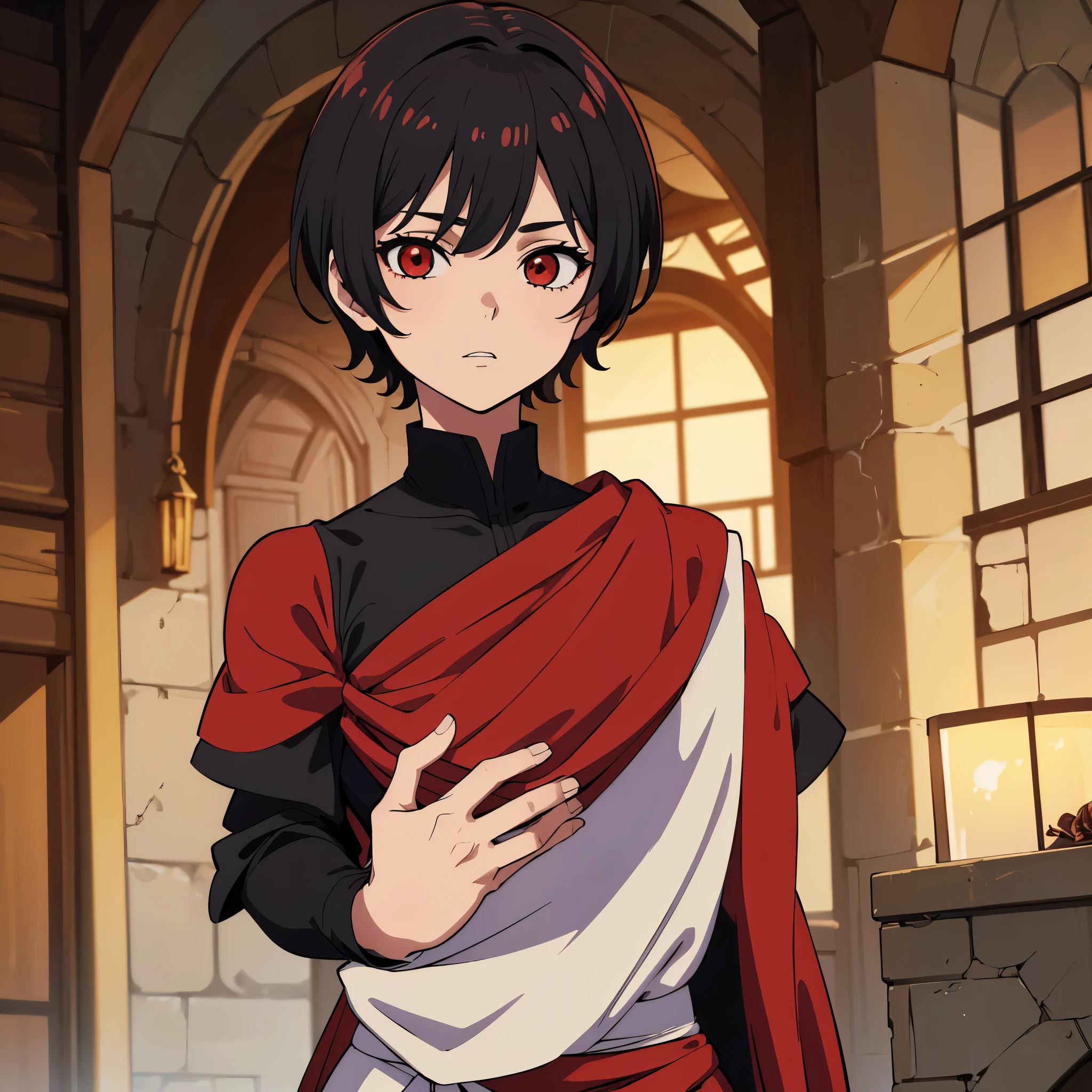 (Obra-prima, melhor qualidade: 1.2) alone, Anime boy, black short hair , red eyes , medieval clothes