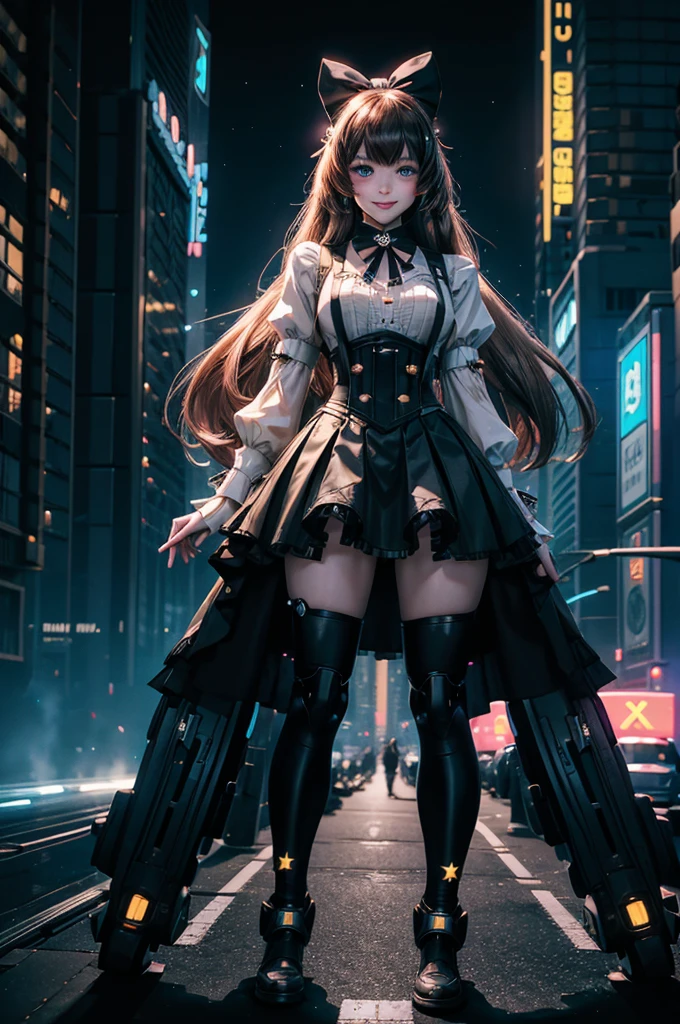 1girl, solo, smile,  underbust, Penny Polendina, long hair, neck ribbon, suspender skirt, corset, black bow, white blouse, mechanical legs, neon trim, standing in cyberpunk city, night, stars moon, mega skyscrapers,  vehicles, neon signs, Crowd, (crowd wearing cyberpunk fashion)

