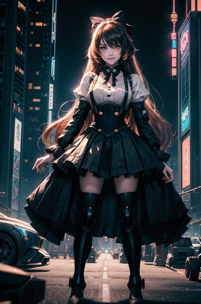 1girl, solo, smile, underbust, Penny Polendina, long hair, neck ribbon, suspender skirt, corset, black bow, white blouse, mechanical legs, neon trim, standing in cyberpunk city, night, stars moon, mega skyscrapers, vehicles, neon signs, Crowd, (crowd wearing cyberpunk fashion)
