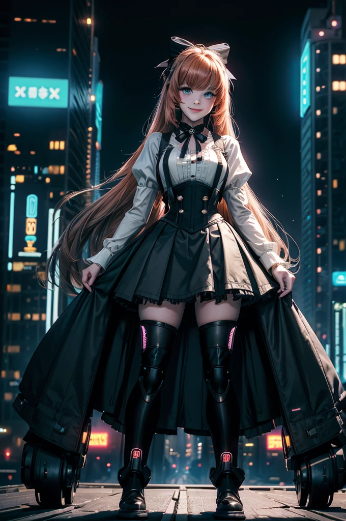 1girl, solo, smile, underbust, Penny Polendina, long hair, neck ribbon, suspender skirt, corset, black bow, white blouse, mechanical legs, neon trim, standing in cyberpunk city, night, stars moon, mega skyscrapers, vehicles, neon signs, Crowd, (crowd wearing cyberpunk fashion)